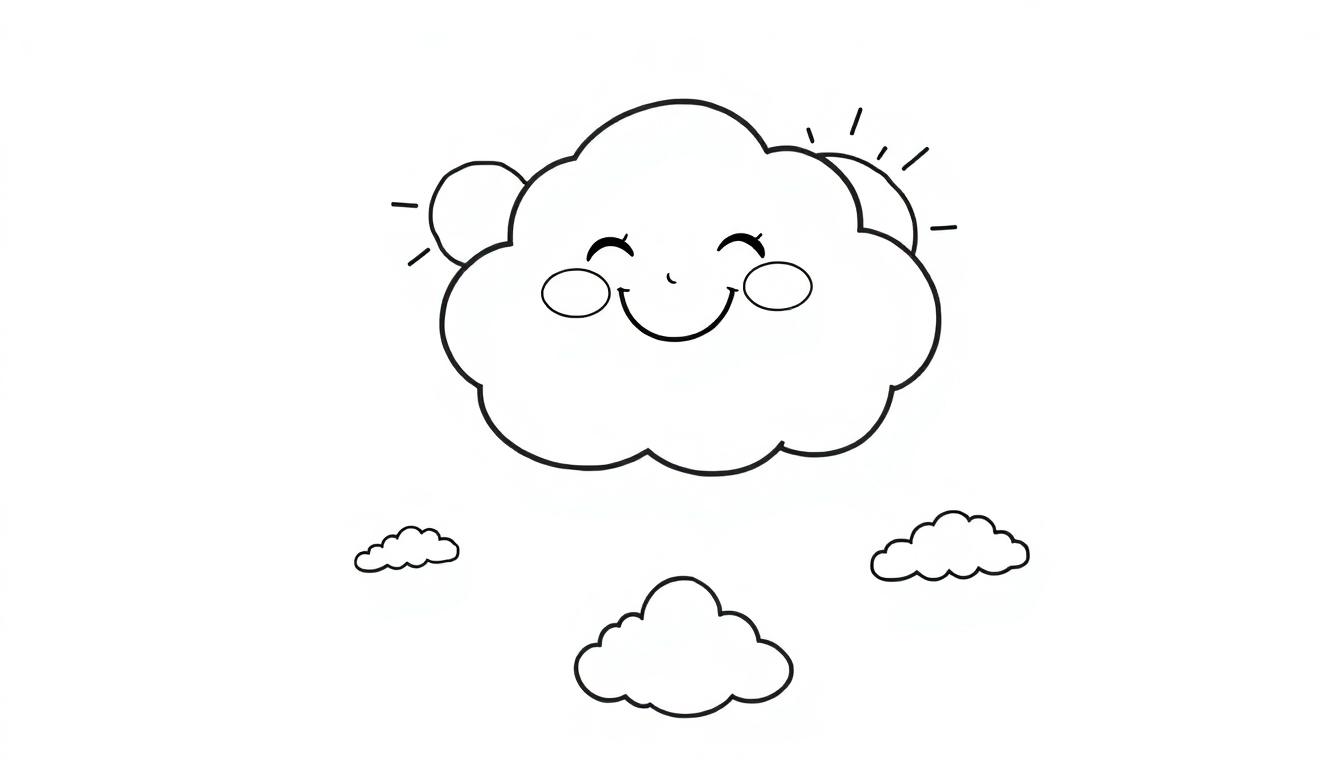 Eine niedliche Schwarz-Weiß-Zeichnung einer Cartoon-Wolke zum Ausmalen, eine Farbtafel mit einem fröhlichen Gesicht.