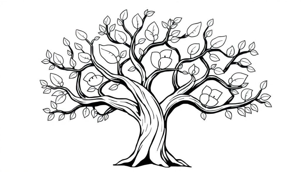 Eine Schwarz-Weiß-Farbtafel eines fröhlichen Baumes mit lustigen Ästen und Blättern zum Ausmalen.
