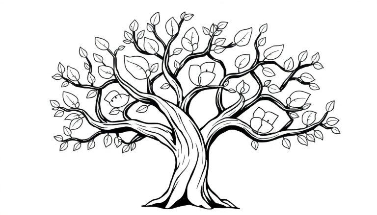 Eine Schwarz-Weiß-Farbtafel eines fröhlichen Baumes mit lustigen Ästen und Blättern zum Ausmalen.