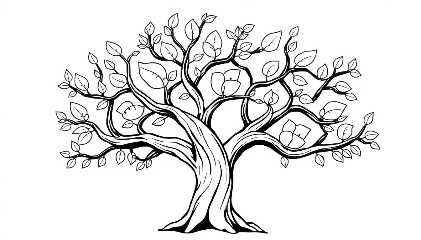 Eine Schwarz-Weiß-Farbtafel eines fröhlichen Baumes mit lustigen Ästen und Blättern zum Ausmalen.