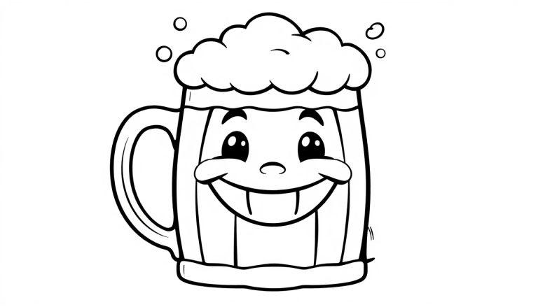 Eine schwarz-weiße Farbtafel eines fröhlichen Bierkrugs mit einem breiten Grinsen und überlaufendem Schaum.