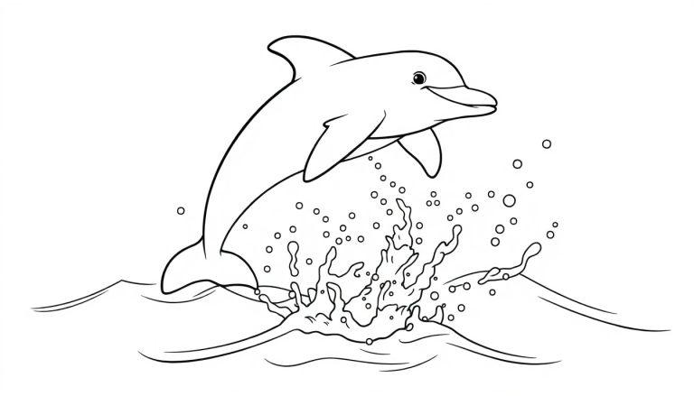 Eine Schwarz-weiße Farbtafel-Illustration eines fröhlichen Delfins, der mit einer Gischtfontäne aus dem Wasser springt, umgeben von vielen kleinen Bläschen.