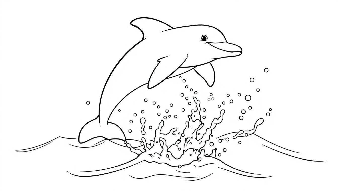 Eine Schwarz-weiße Farbtafel-Illustration eines fröhlichen Delfins, der mit einer Gischtfontäne aus dem Wasser springt, umgeben von vielen kleinen Bläschen.
