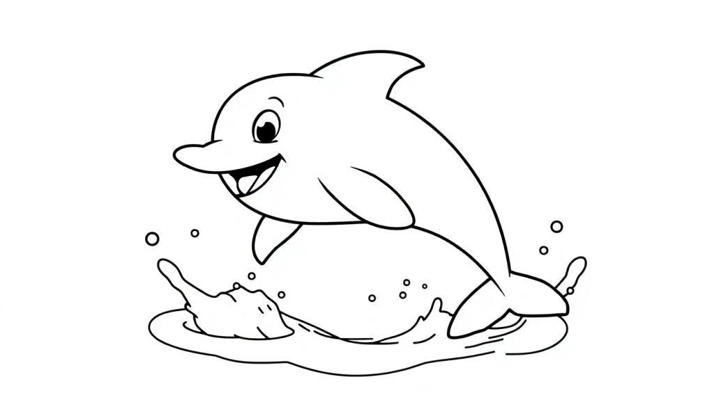 Schwarz-weiße Farbtafel eines fröhlichen Delfins, der aus dem Wasser springt.