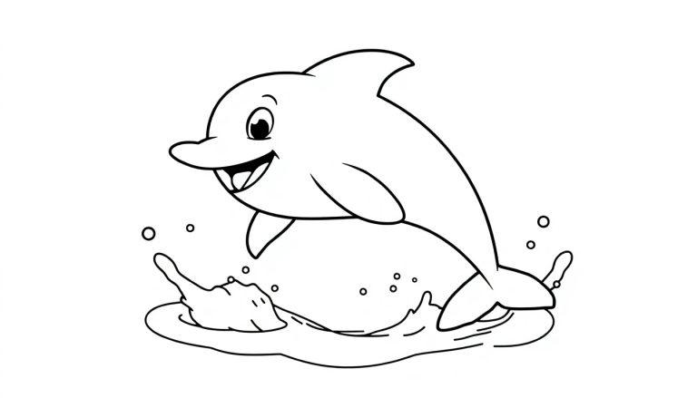 Schwarz-weiße Farbtafel eines fröhlichen Delfins, der aus dem Wasser springt.