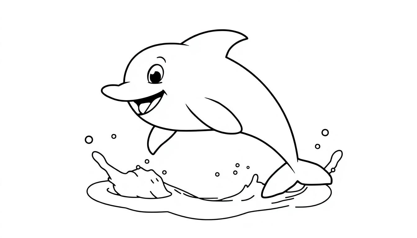 Schwarz-weiße Farbtafel eines fröhlichen Delfins, der aus dem Wasser springt.