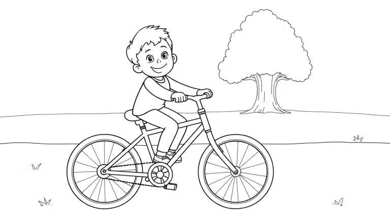 Schwarz-Weiß-Farbtafel-Zeichnung eines lächelnden Jungen auf einem Fahrrad mit einem Baum im Hintergrund.