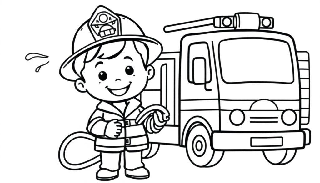Ein süßer Cartoon-Feuerwehrmann mit einer Farbtafel zum Ausmalen.