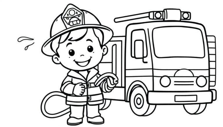 Ein süßer Cartoon-Feuerwehrmann mit einer Farbtafel zum Ausmalen.