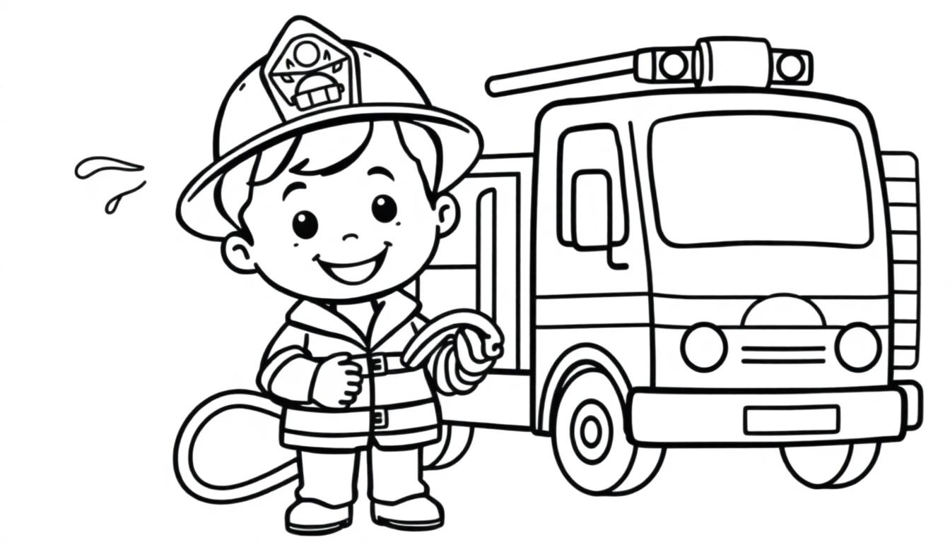 Ein süßer Cartoon-Feuerwehrmann mit einer Farbtafel zum Ausmalen.