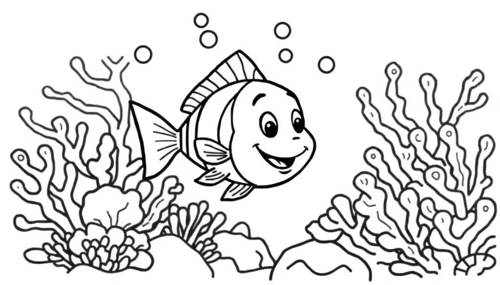 Schwarz-weißer Cartoon-Fisch mit einem lächelnden Gesicht, der durch Korallen schwimmt, eine Farbtafel-Illustration.