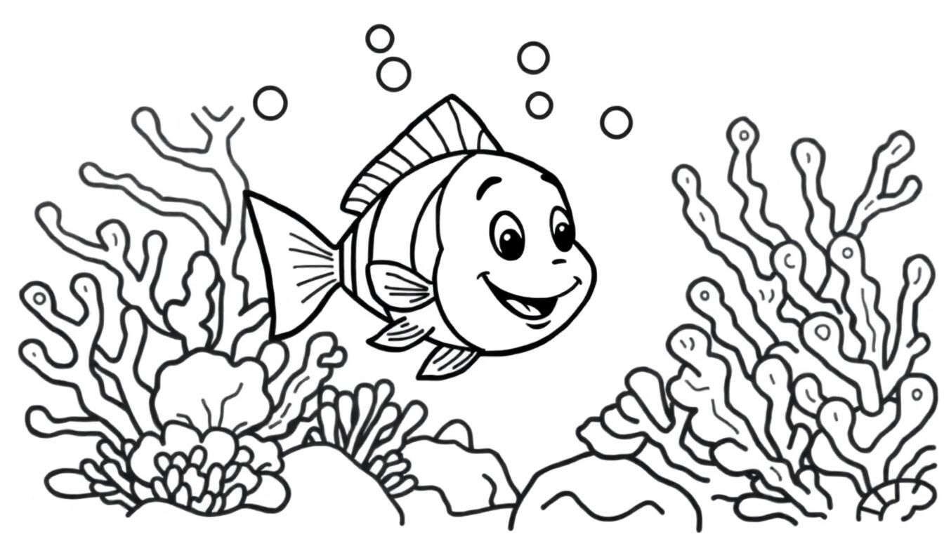 Schwarz-weißer Cartoon-Fisch mit einem lächelnden Gesicht, der durch Korallen schwimmt, eine Farbtafel-Illustration.