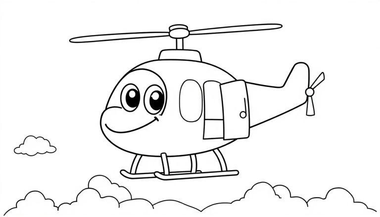 Schwarz-weiße Farbtafel eines freundlichen Cartoon-Hubschraubers mit großen Augen und einem Lächeln, der in den Wolken schwebt.
