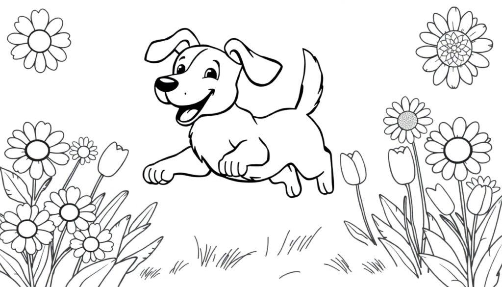 Eine schwarz-weiße Farbtafel-Illustration eines glücklichen Hundes, der durch blühende Blumen rennt.