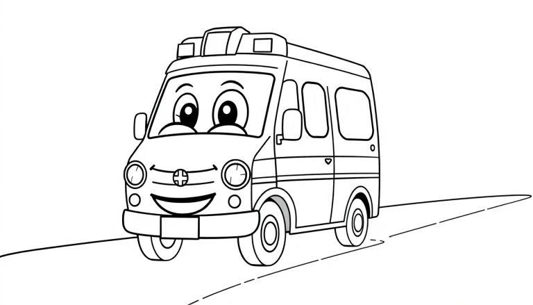 Schwarz-weiße Farbtafel eines niedlichen Cartoon-Krankenwagens mit einem lächelnden Gesicht, der auf einer einfachen Straße fährt.
