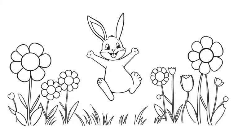 Eine fröhliche Hasen-Farbtafel springt durch Blumen, eine Schwarz-weiß-Vorlage für Kinder.
