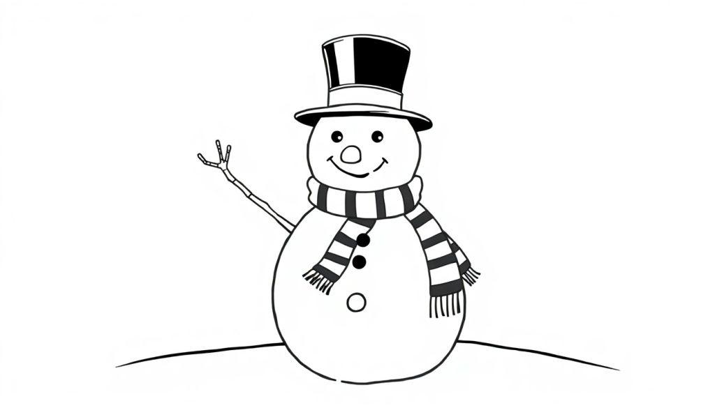 Schwarz-weiße Farbtafel eines lächelnden Schneemanns mit gestreiftem Schal und Zylinder, der auf einem Schneehügel steht.