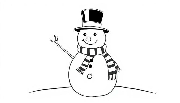 Schwarz-weiße Farbtafel eines lächelnden Schneemanns mit gestreiftem Schal und Zylinder, der auf einem Schneehügel steht.