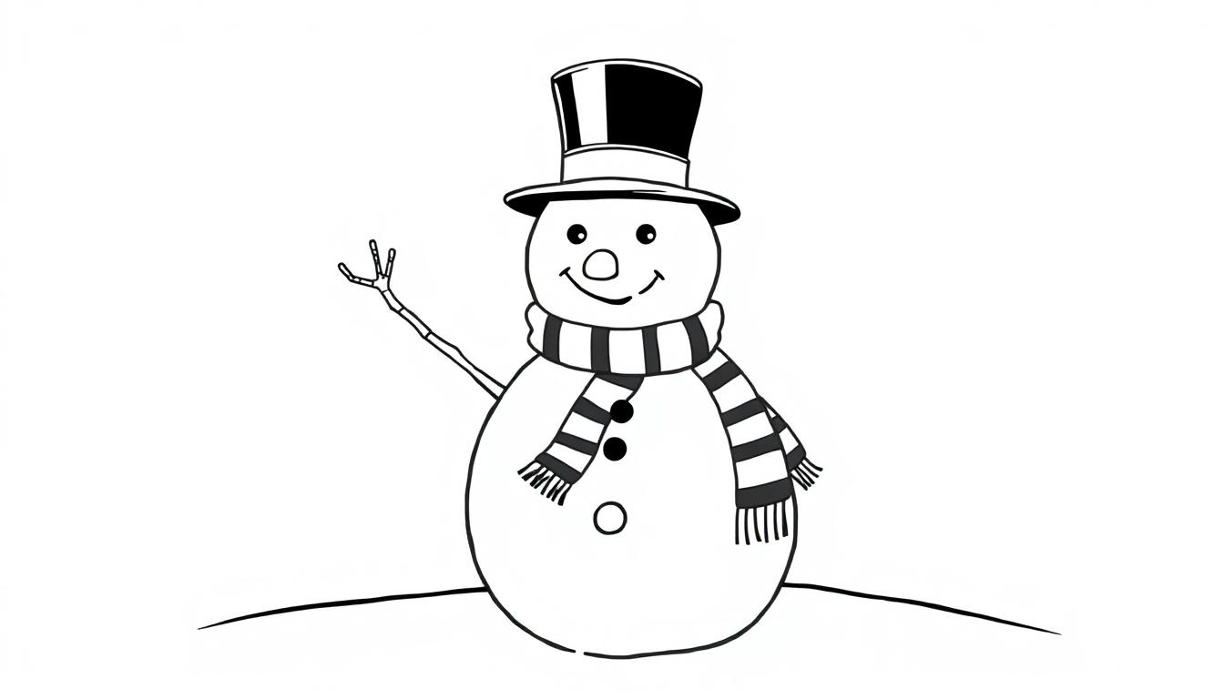 Schwarz-weiße Farbtafel eines lächelnden Schneemanns mit gestreiftem Schal und Zylinder, der auf einem Schneehügel steht.