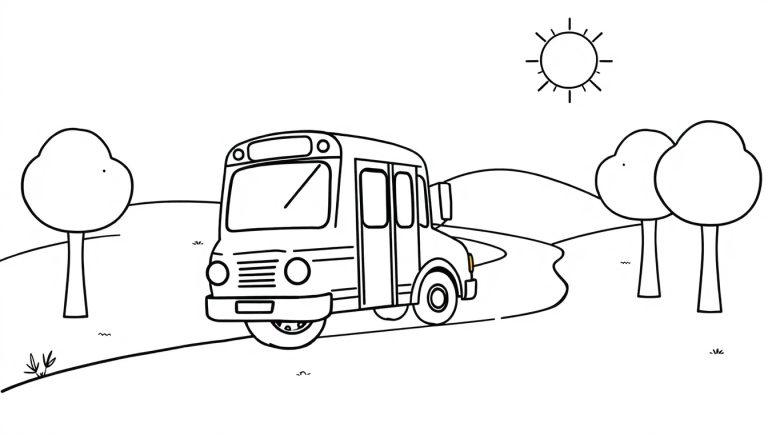 Schwarz-weiß Farbtafel eines Schulbusses auf einer kurvenreichen Straße mit Bäumen und einem Hügel.