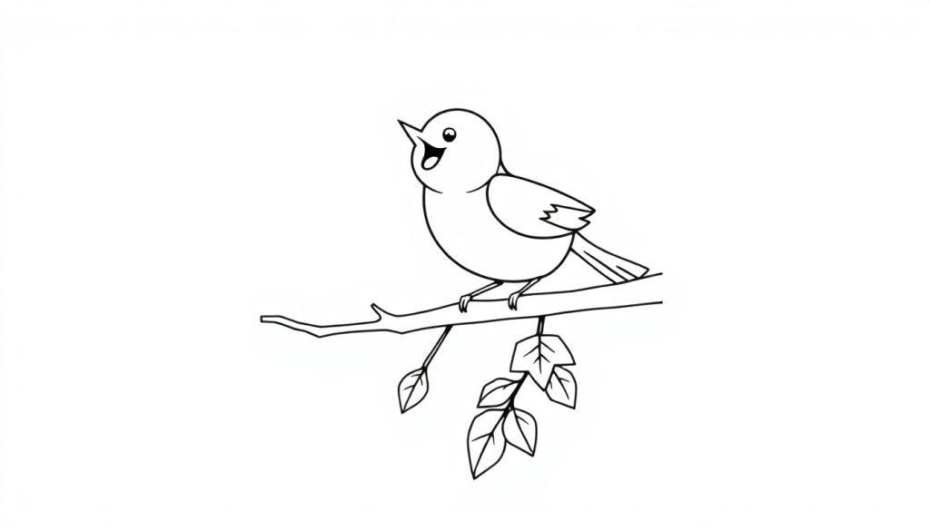 Eine Schwarz-Weiß-Farbtafel-Zeichnung eines niedlichen Cartoon-Vogels, der auf einem Ast singt.