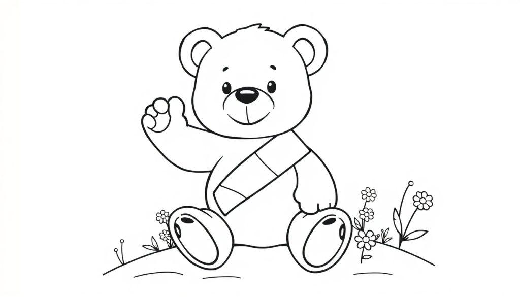 Schwarz-weiße Farbtafel-Illustration eines niedlichen Teddybären mit einem Verband, der winkt.
