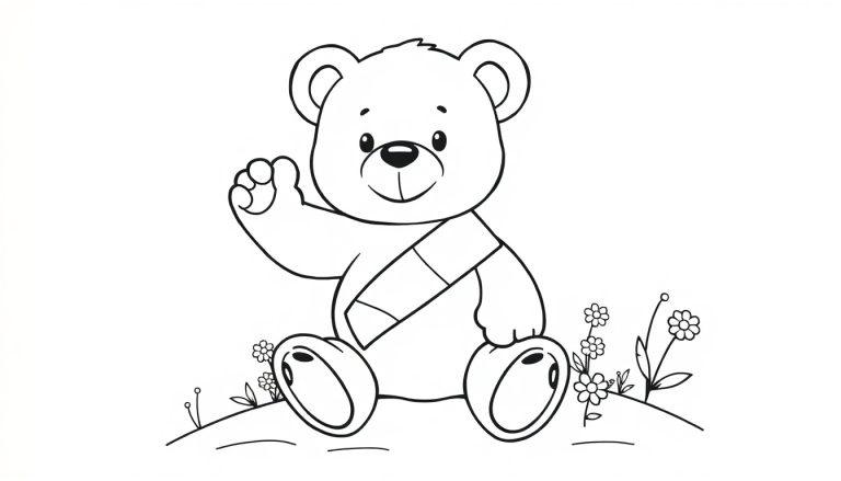 Schwarz-weiße Farbtafel-Illustration eines niedlichen Teddybären mit einem Verband, der winkt.