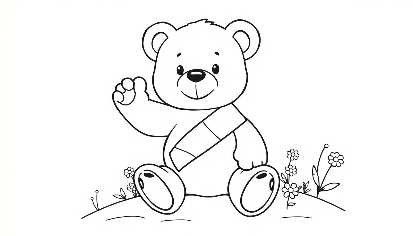 Schwarz-weiße Farbtafel-Illustration eines niedlichen Teddybären mit einem Verband, der winkt.