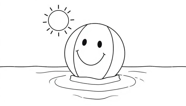 Eine einfache Schwarz-Weiß-Farbtafel eines lachenden Wasserballs im Wasser unter einer Sonne.