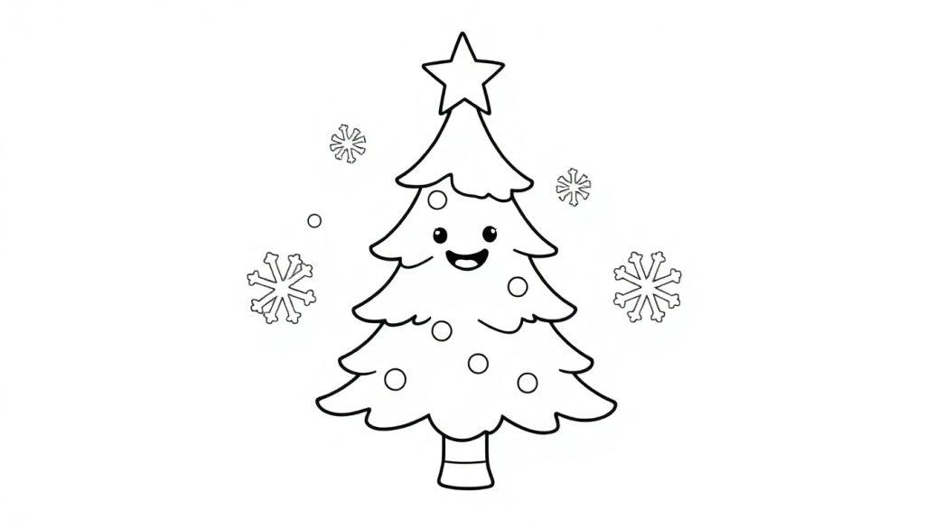 Ein fröhlicher Cartoon-Weihnachtsbaum als Farbtafel, bereit zum Ausmalen, mit einem Stern an der Spitze und Schneeflocken.