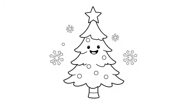 Ein fröhlicher Cartoon-Weihnachtsbaum als Farbtafel, bereit zum Ausmalen, mit einem Stern an der Spitze und Schneeflocken.