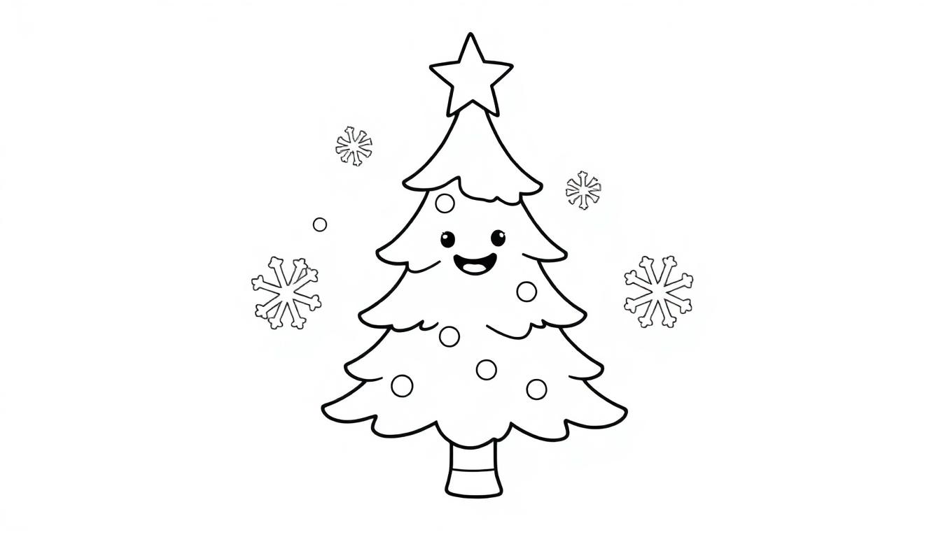 Ein fröhlicher Cartoon-Weihnachtsbaum als Farbtafel, bereit zum Ausmalen, mit einem Stern an der Spitze und Schneeflocken.