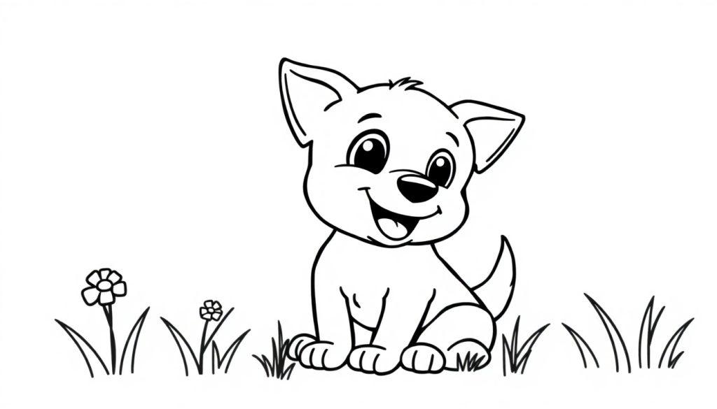 Schwarz-weiße Farbtafel eines niedlichen Cartoon-Welpen, der im Gras sitzt und lächelt.