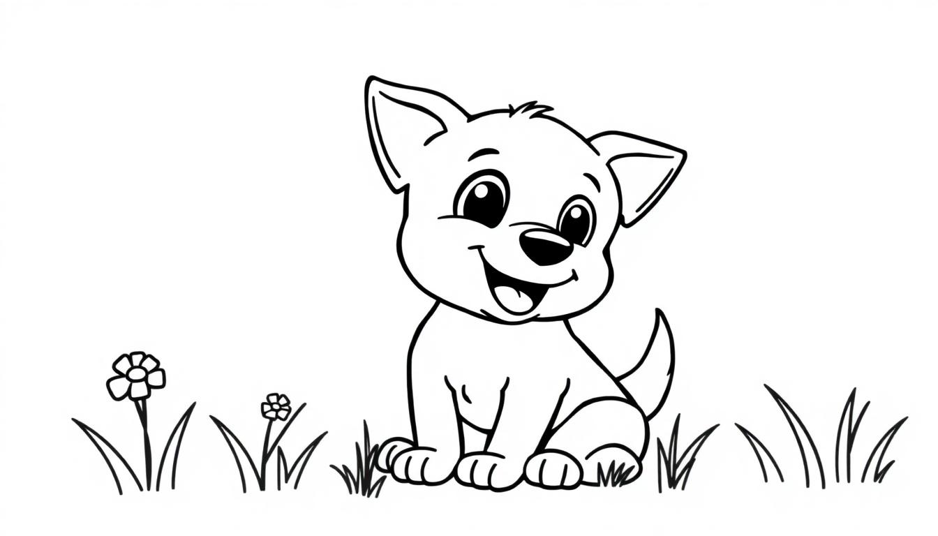 Schwarz-weiße Farbtafel eines niedlichen Cartoon-Welpen, der im Gras sitzt und lächelt.