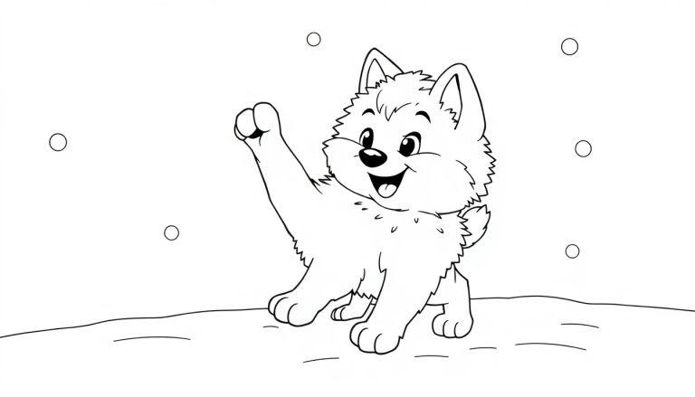 Schwarz-Weiß-Farbtafel-Illustration eines fröhlichen Welpen, der im Schnee mit erhobener Pfote winkt.