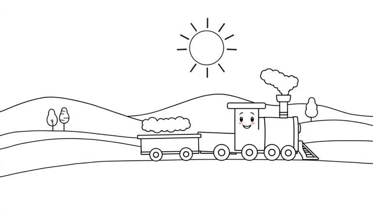 Schwarz-weiße Cartoon-Lokomotive mit einer bunten Farbtafel im Hintergrund.