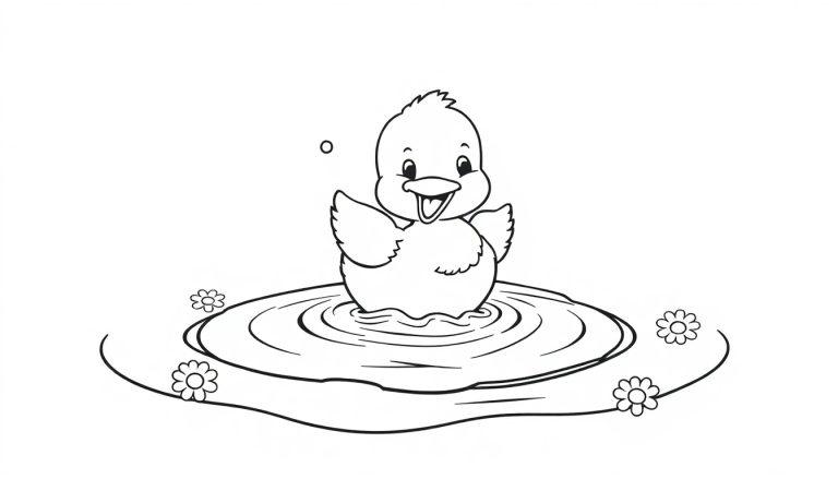 Ausmalbild einer niedlichen Ente, die in einem Teich planscht, mit Blumen. Farbtafel.