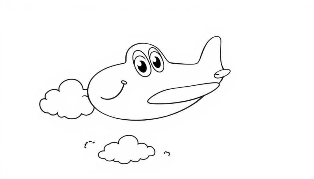 Ein schwarz-weißes Cartoon-Flugzeug mit großen Augen und einem freundlichen Lächeln, das durch eine Wolkenlandschaft fliegt – eine Farbtafel zum Ausmalen.