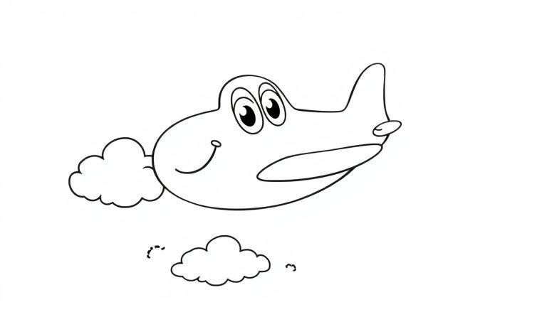 Ein schwarz-weißes Cartoon-Flugzeug mit großen Augen und einem freundlichen Lächeln, das durch eine Wolkenlandschaft fliegt – eine Farbtafel zum Ausmalen.