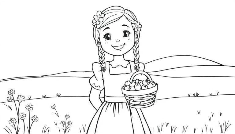 Schwarz-weiße Farbtafel eines lächelnden Mädchens mit Zöpfen, das ein Dirndl und eine Schürze trägt, geschmückt mit Blumen im Haar, hält einen Korb voller Früchte, steht in einer hügeligen ländlichen Landschaft.