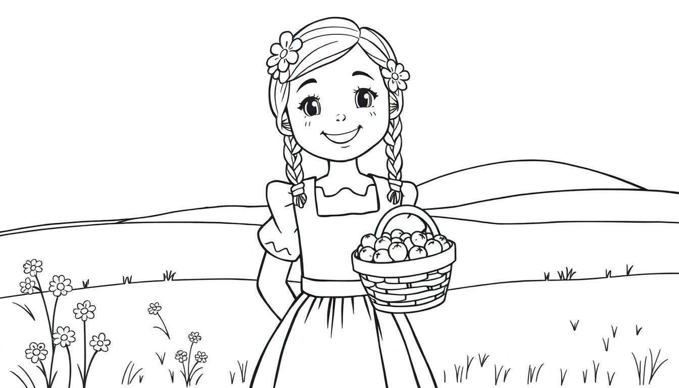 Schwarz-weiße Farbtafel eines lächelnden Mädchens mit Zöpfen, das ein Dirndl und eine Schürze trägt, geschmückt mit Blumen im Haar, hält einen Korb voller Früchte, steht in einer hügeligen ländlichen Landschaft.