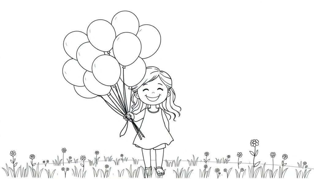 Ein lachendes Mädchen mit gelocktem Haar hält bunte Luftballons, eine Farbtafel-Illustration.