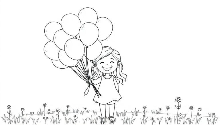 Ein lachendes Mädchen mit gelocktem Haar hält bunte Luftballons, eine Farbtafel-Illustration.