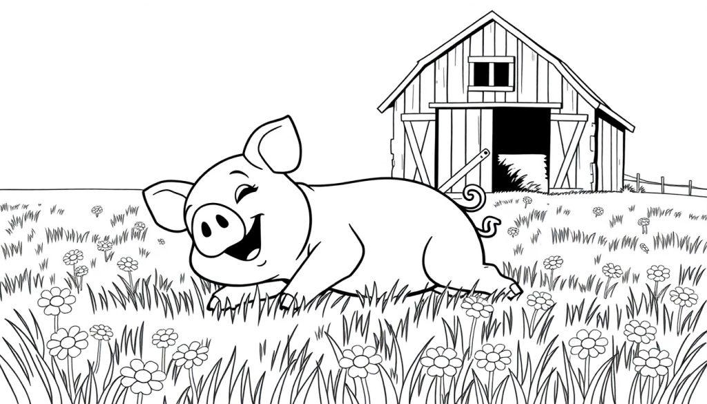 Ein fröhliches Schweinchen auf einer Blumenwiese, eine Schwarz-Weiß-Farbtafel.
