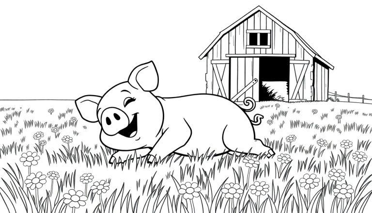 Ein fröhliches Schweinchen auf einer Blumenwiese, eine Schwarz-Weiß-Farbtafel.