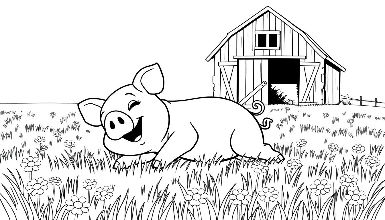 Ein fröhliches Schweinchen auf einer Blumenwiese, eine Schwarz-Weiß-Farbtafel.