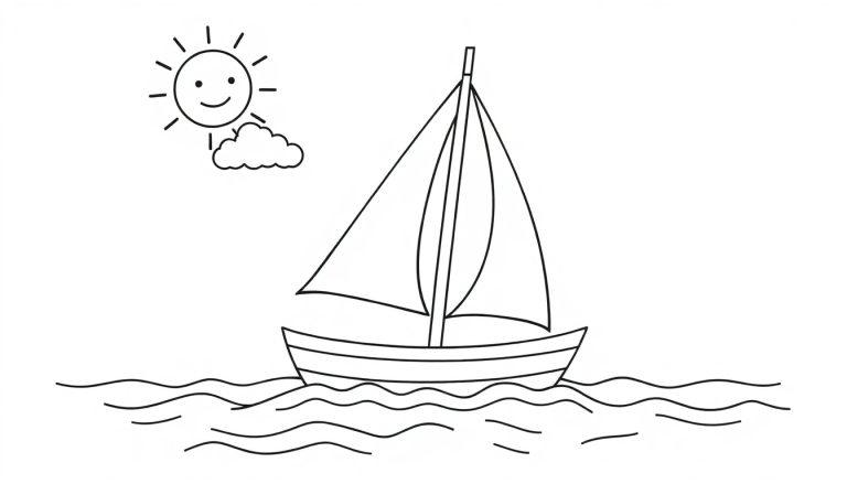 Eine schwarz-weiße Zeichnung eines freundlichen Segelboots mit Sonne und Wolke, als Farbtafel für Kinder.