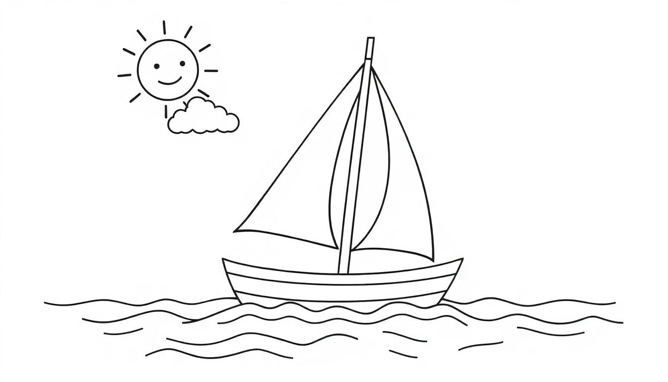 Eine schwarz-weiße Zeichnung eines freundlichen Segelboots mit Sonne und Wolke, als Farbtafel für Kinder.