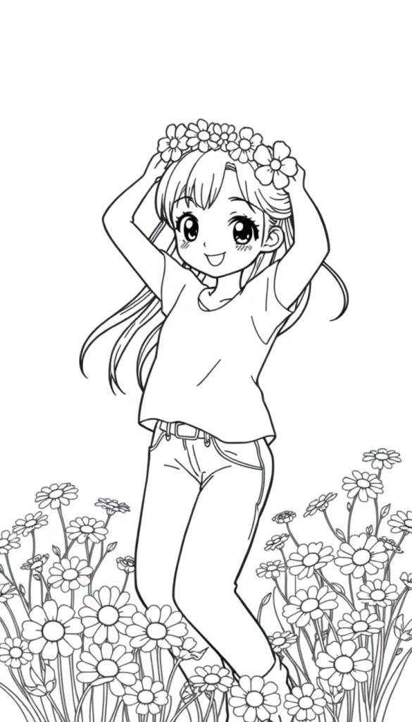 Ein Manga-Mädchen mit einem Blumenkranz im Haar, das fröhlich inmitten eines Feldes voller Gänseblümchen steht.