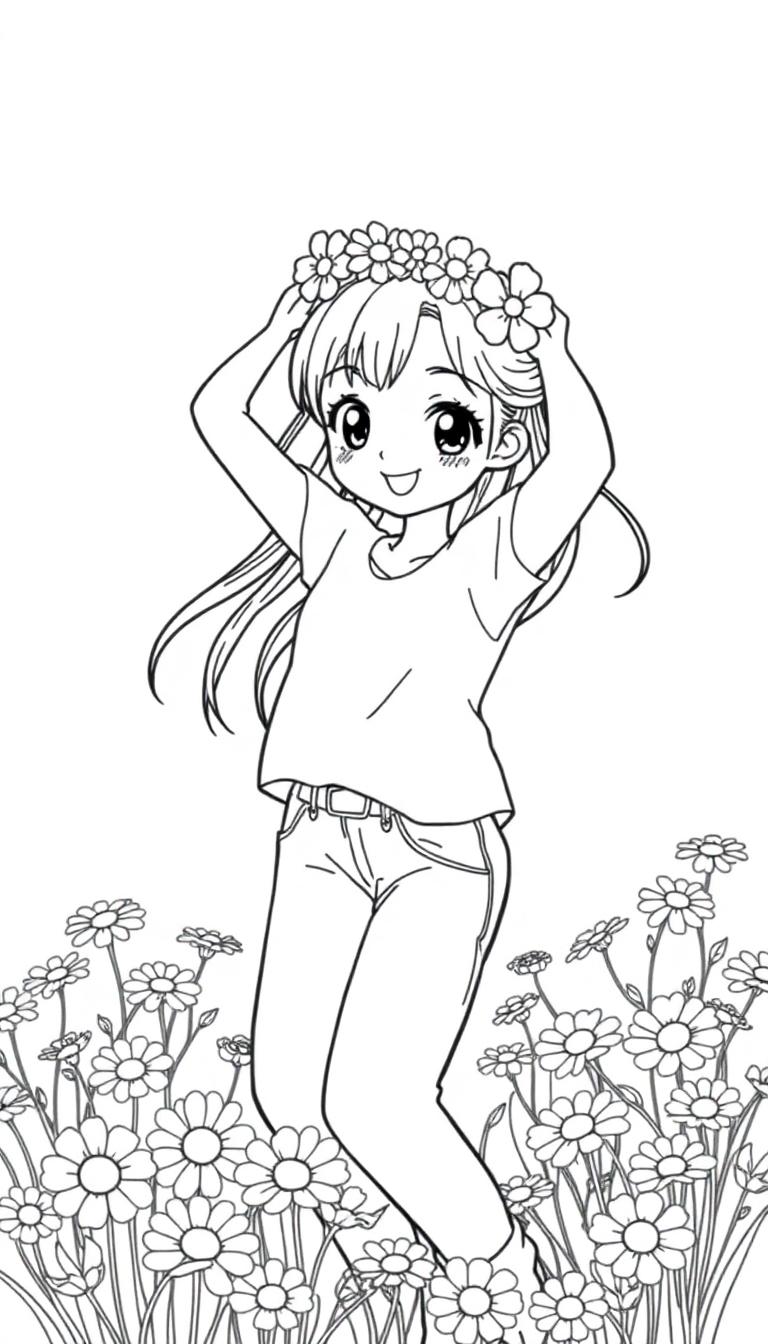 Ein Manga-Mädchen mit einem Blumenkranz im Haar, das fröhlich inmitten eines Feldes voller Gänseblümchen steht.